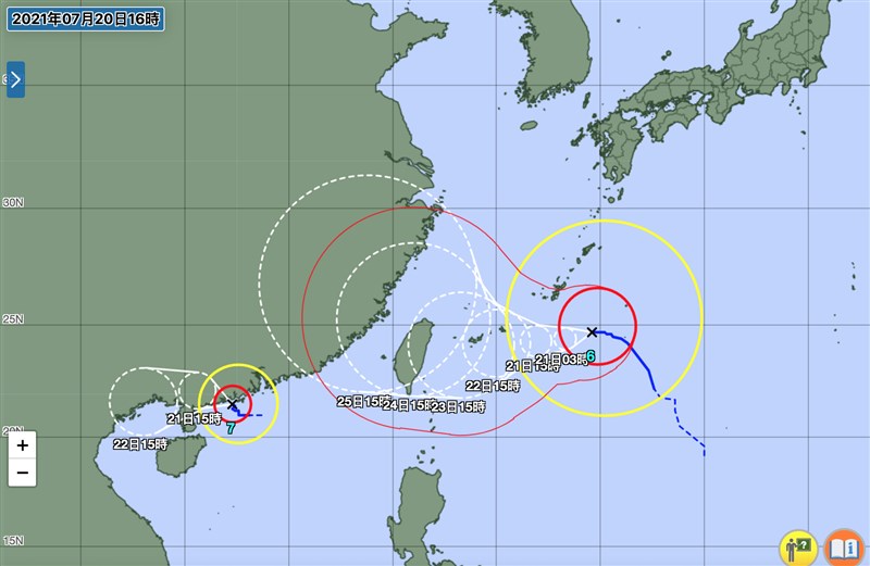 颱風烟花正在日本沖繩縣東南方海面上朝西行進,根據日本氣象廳公布的預測路徑,烟花有可能在23日到24日間穿越北台灣。(圖取自日本氣象廳網頁www.jma.go.jp)