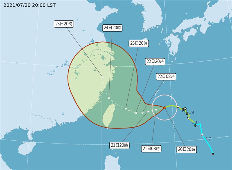 颱風烟花預計最快21日上午會發布海上颱風警報。(圖取自中央氣象局網頁cwb.gov.tw)