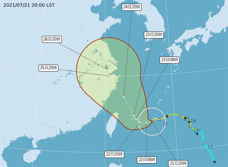 中央氣象局21日晚間8時30分針對颱風烟花發布海上颱風警報。(圖取自中央氣象局網頁cwb.gov.tw)