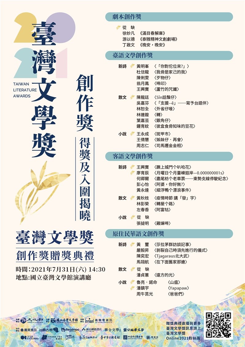 台灣文學獎「創作獎」22日公布入圍及得獎名單,贈獎典禮將於31日登場,採線上方式舉行。(國立台灣文學館提供)中央社記者邱祖胤傳真 110年7月22日