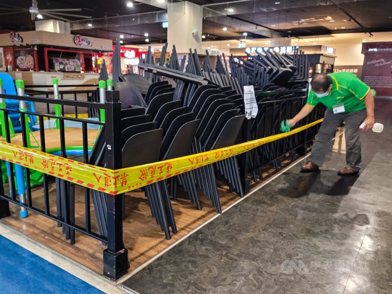 受疫情衝擊,6月餐飲業營業額跌破500億元大關,僅達新台幣383億元,年減39.9%,創下歷年同月最大衰退幅度。圖為新北市賣場美食街工作人員清潔、消毒收起的餐桌椅。中央社記者鄭清元攝 110年7月23日