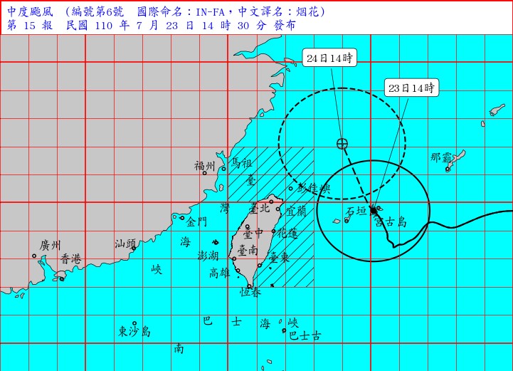 颱風烟花位於台灣東方海面，朝北北西方向移動。（圖取自中央氣象局網頁cwb.gov.tw）