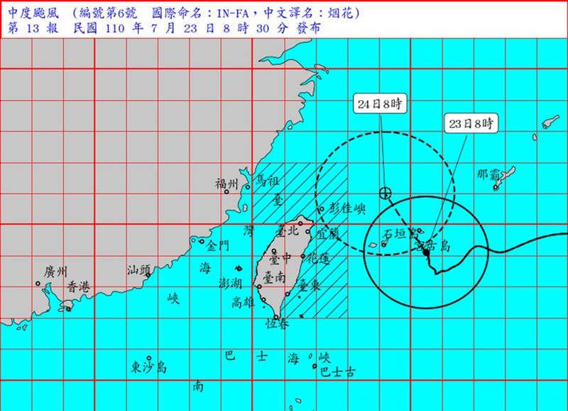 中央氣象局表示,颱風烟花速度加快且已經北轉,23日晚間到24日白天將是最接近台灣的時候。(圖取自氣象局網頁cwb.gov.tw)