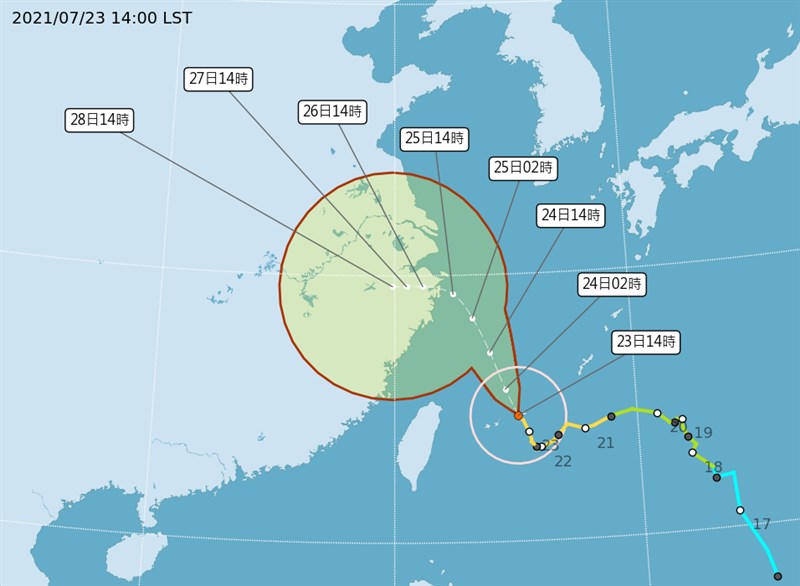 颱風烟花預計將於25日下午到26日凌晨在浙江舟山到玉環一帶沿海登陸。(圖取自中央氣象局網頁cwb.gov.tw)