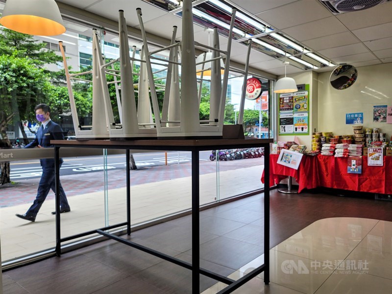 台灣疫情警戒7月27日至8月9日從三級降為二級,開放超商、賣場內用區,可辦婚宴但不可敬酒,旅遊業僅開放50人以下旅行團。圖為超商門市23日收起餐桌椅,禁止民眾內用。中央社記者鄭清元攝 110年7月23日