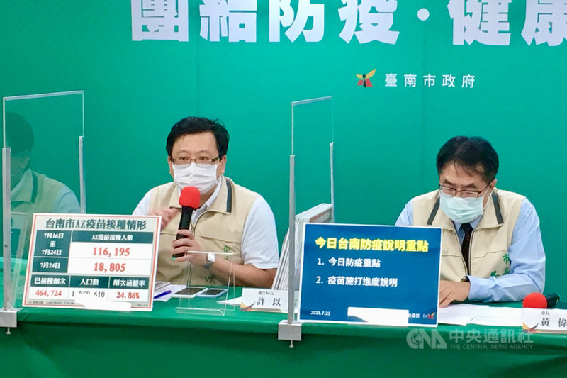 海巡署日前在台南安平外海30浬處發現1艘疑似走私的本國籍漁船,台南市長黃偉哲(右)與台南市衛生局長許以霖(左)25日下午出席市府防疫記者會,說明船上人員採檢結果。(台南市衛生局提供)中央社記者楊思瑞台南傳真 110年7月25日