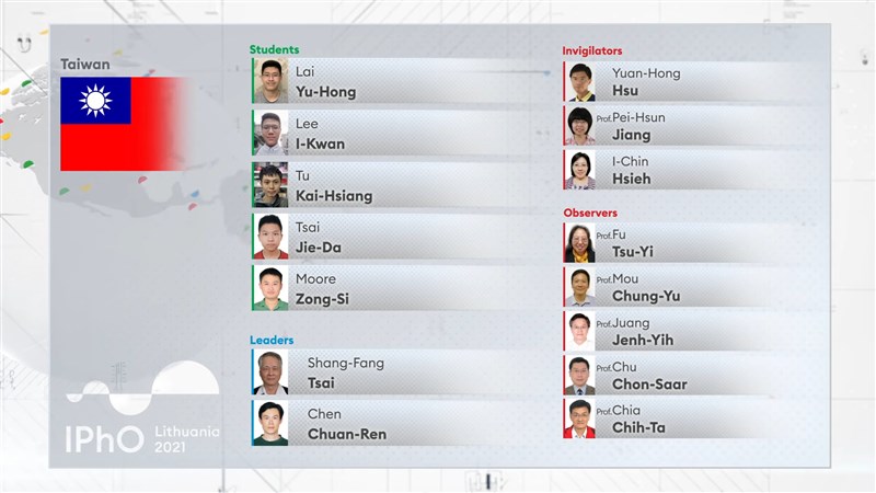 2021年國際物理奧林匹亞競賽主辦國立陶宛不僅以Taiwan稱呼台灣代表隊,在開幕影片的國家介紹與主席台上也能清楚看到中華民國國旗。(圖取自IPhO 2021 YouTube頻道網頁youtube.com)