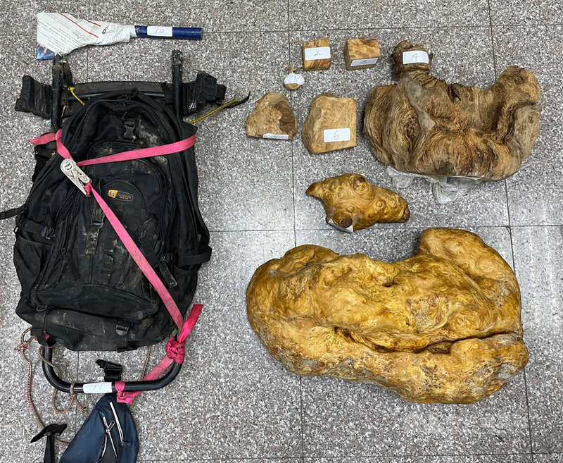 南投縣警察局仁愛分局表示,接獲報案指一名越南籍移工24日深夜在山區森林遭人槍擊身亡,前往勘查發現死者屍體與盜採的扁柏及檜木瘤,死者腹部有一處槍傷,立即通知鑑識人員採證並報請南投地檢署偵辦。(民眾提供)中央社記者蕭博陽南投傳真 110年7月26日