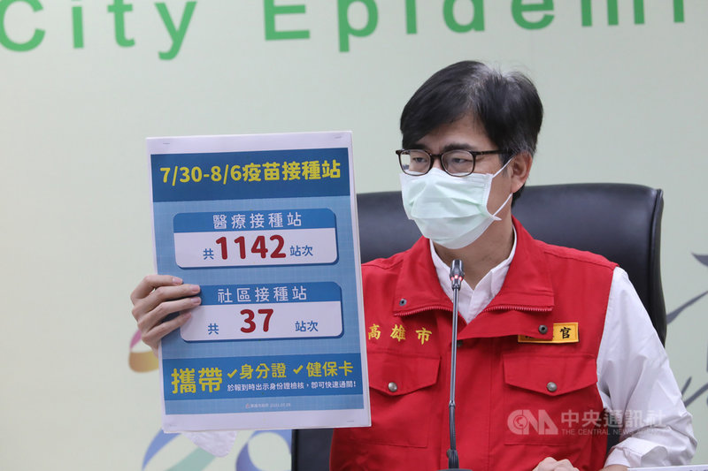 高雄市長陳其邁29日主持防疫會議時指出,高雄市疫苗覆蓋率已達32%,30日起至8月6日將設置1142個醫療接種站次及37個社區接種站次,提醒民眾收到簡訊按時間前往施打。(高雄市新聞局提供)中央社記者侯文婷傳真 110年7月29日