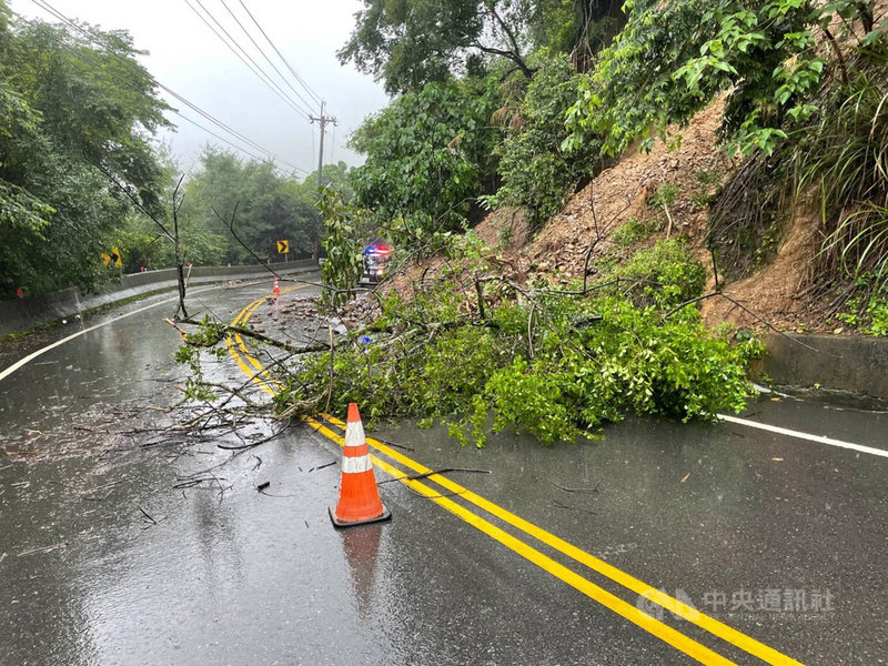 台中市2日上午降下大雨,新社區台21線道路土石滑落、樹枝橫倒在路面,警方現場指揮交通。(民眾提供)中央社記者趙麗妍傳真 110年8月2日