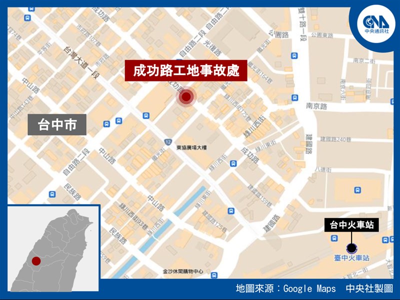 台中市中區一處地下涵洞4日發生工安意外,5名工人救出無生命跡象送醫。(中央社製圖)