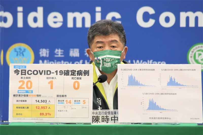 陳時中在記者會中被問及4日的口罩是否為迎接羽球隊返台,陳時中說,主要是有熱心民眾特別做了這款符合時事的口罩,戴上這款口罩是表達對奧運英雄心有同感。(指揮中心提供)