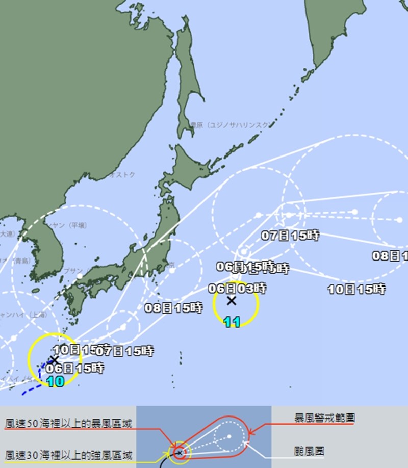 位於沖繩縣那霸市東北方約120公里處的熱帶低氣壓,已在5日下午3時形成第10號颱風銀河,料8日接近日本;位於日本東方海域的第11號颱風妮妲也同時成形。(圖取自日本氣象廳網頁jma.go.jp)