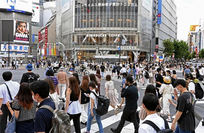 日本COVID-19疫情仍急速擴大,NHK統計,6日全境新增確診1萬5645例,連續3天創新高。圖為東京澀谷街頭人潮。(共同社)