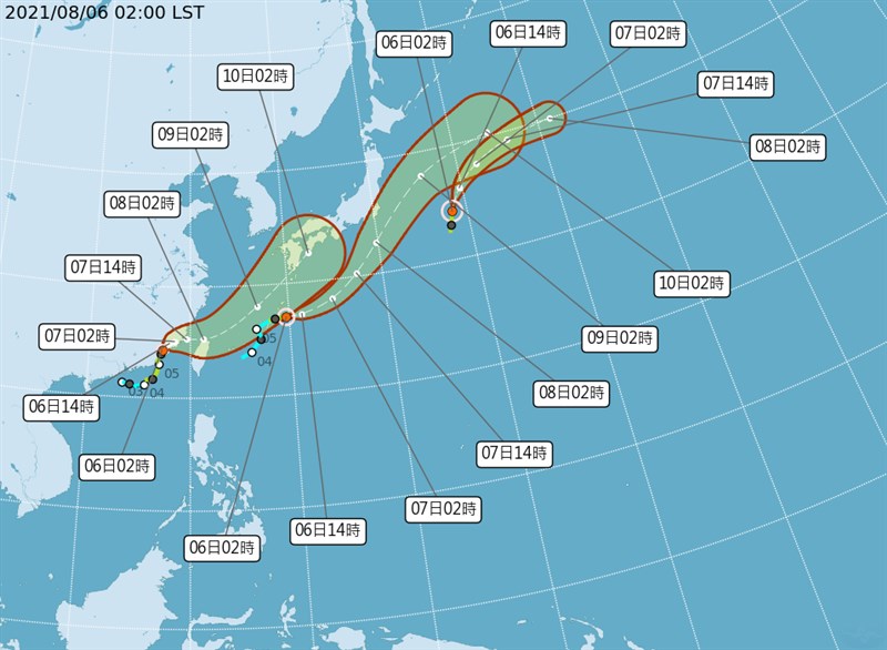 颱風銀河凌晨2時中心位置距離台北東北東方860公里之海面上，將朝日本南方海面移動，對台灣沒有影響；日本東南方海面的另一低氣壓，發展為今年第11號颱風妮妲。（圖取自中央氣象局網頁cwb.gov.tw）