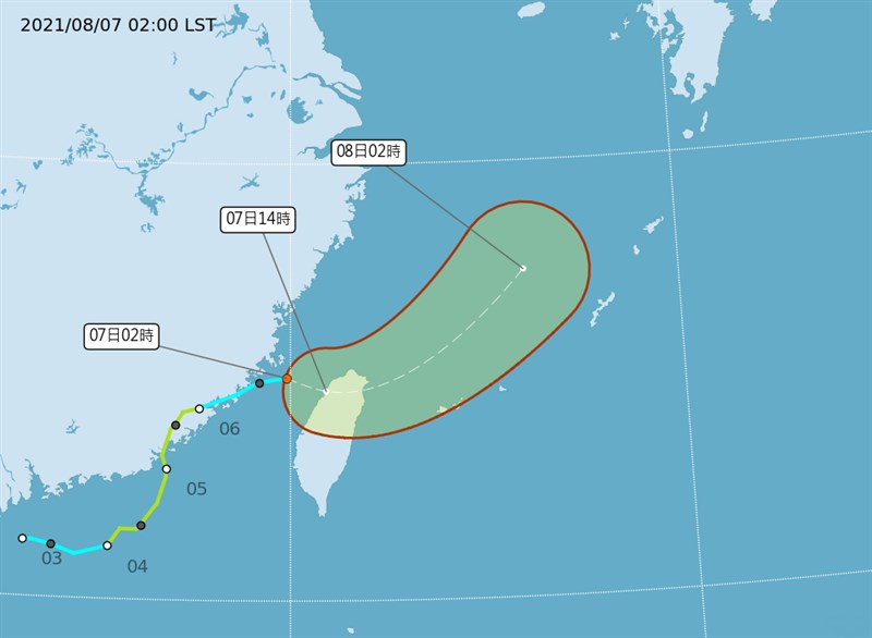 熱帶性低氣壓7日持續向東南東方移動,預估將會登陸台灣北部。(圖取自氣象局網頁cwb.gov.tw)