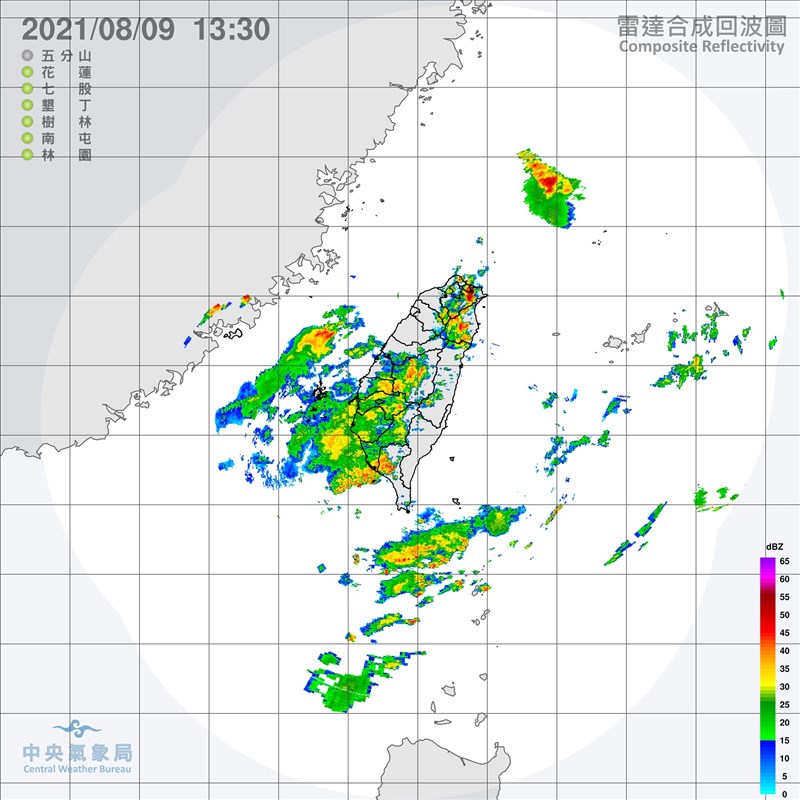 中央氣象局9日下午發布豪雨特報，西南風影響及午後對流雲系發展旺盛，易有短延時強降雨，在短時間降雨非常猛烈。（圖取自氣象局網頁cwb.gov.tw）