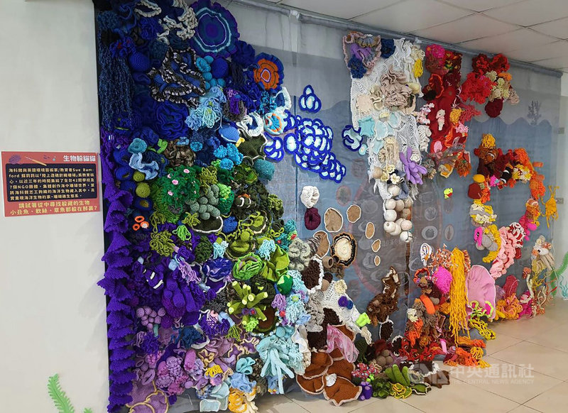 國立海洋科技博物館主辦的「珊瑚很有事」海洋教育巡迴特展前進澎湖,11日起正式開展,現場布置的大型針織珊瑚藝術裝置,是由4000多人一針一線共同勾織出來的作品,色彩繽紛。中央社 110年8月10日