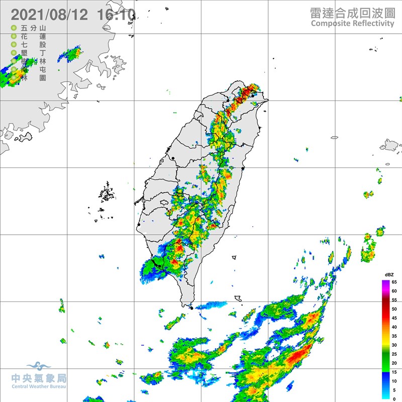 氣象局12日下午發布豪雨特報,屏東縣山區有局部大雨或豪雨,屏東泰武鄉累積雨量已達86.5毫米;新北、桃園等13縣市防大雨。(圖取自中央氣象局網頁cwb.gov.tw)