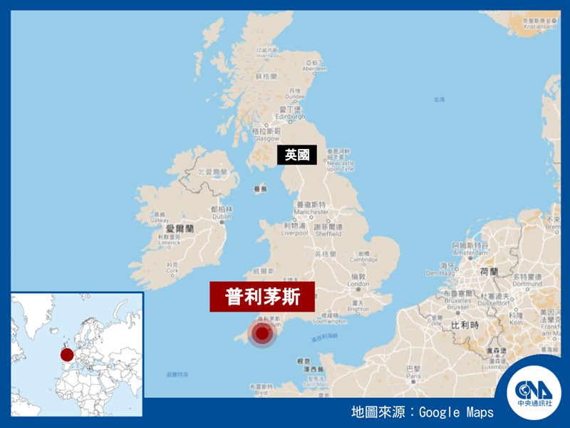 英國西南部城市普利茅斯12日發生英國近11年來最重大槍擊案,含嫌犯共6人死亡。警方公布嫌犯身分,是一名22歲男子戴維森。(中央社製圖)