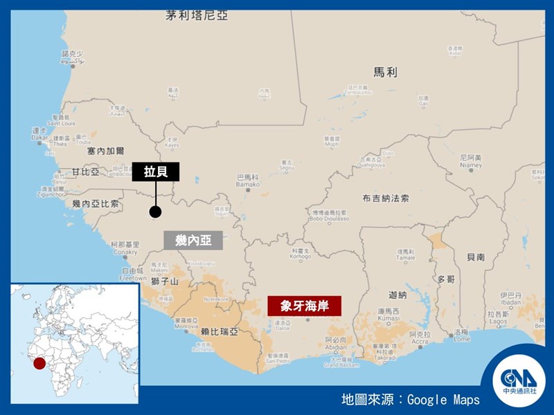 象牙海岸衛生部長鄧巴表示,此伊波拉病例經由陸路離開幾內亞城市拉貝,11日抵達象牙海岸。(中央社製圖)