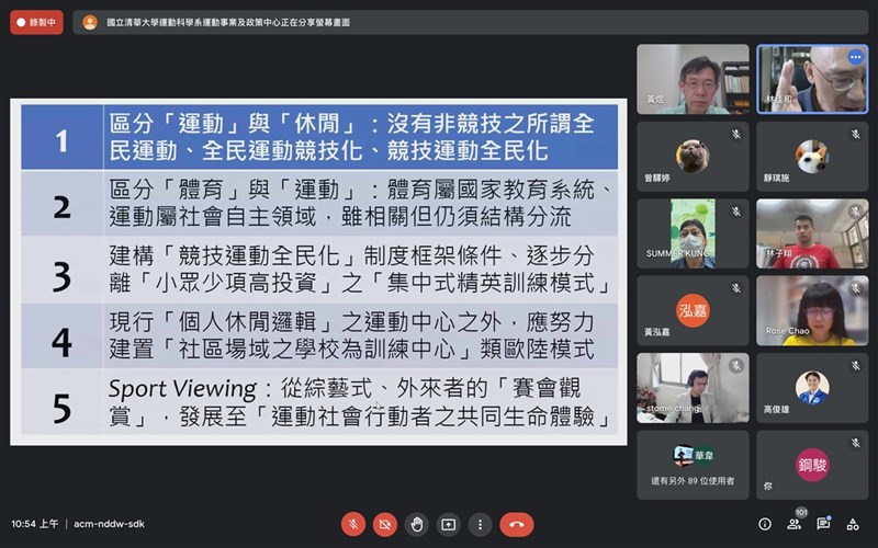 國立清華大學運動事業與政策中心17日舉辦線上論壇,邀請7位產學界專家針對國內體育競技、全民與產業等未來發展進行探討。(翻攝線上會議畫面)中央社記者魯鋼駿傳真 110年8月17日
