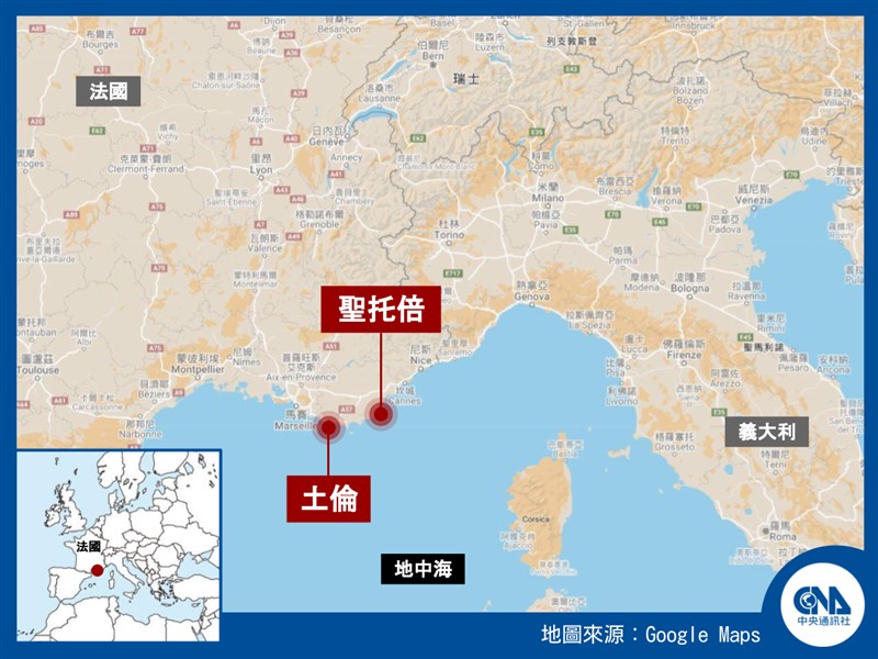 法國南部度假勝地聖托倍附近爆發野火,延燒4000多公頃,消防局指出,野火16日在距地中海城市土倫100公里處竄出。(中央社製圖)