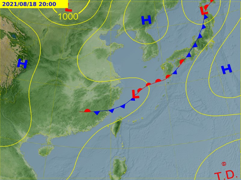 氣象局18日表示，18、19日台灣受到鋒面影響，西半部、東北部容易有短暫陣雨。圖為鋒面圖。（圖取自氣象局網頁cwb.gov.tw）