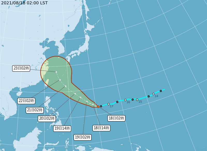 氣象局18日表示,關島附近的熱帶低壓已降為一般低壓,形成颱風的機會大大降低。圖為熱帶低壓路徑潛勢圖。(圖取自氣象局網頁cwb.gov.tw)