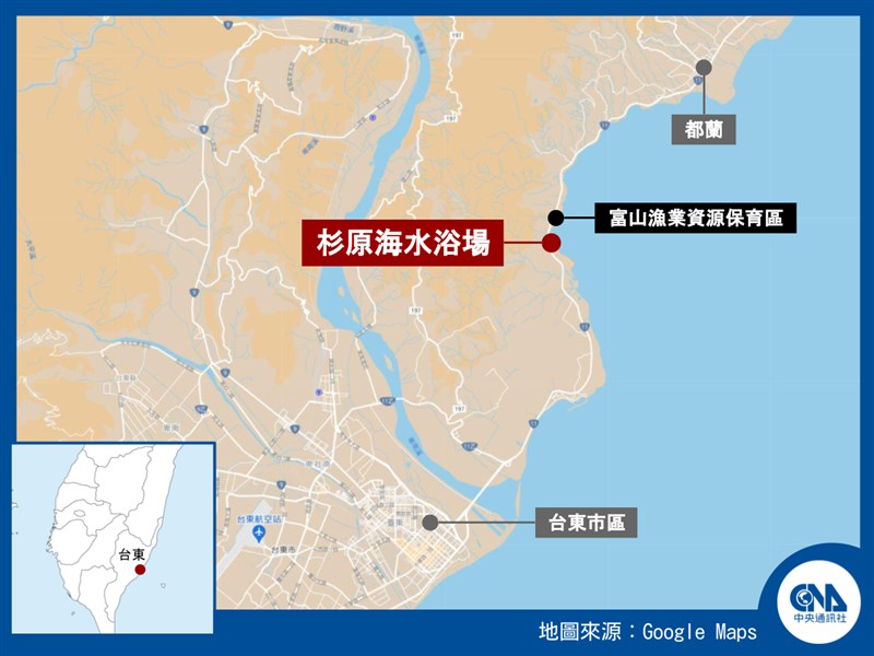 台東杉原海水浴場位於台東市區東北方。(中央社製圖)