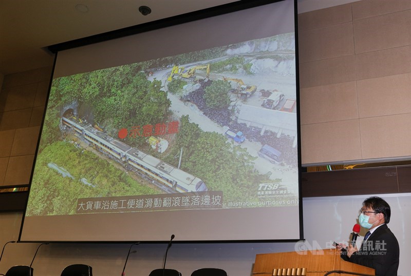 運安會23日舉行「0402台鐵第408次車清水隧道重大鐵道事故」事實資料報告說明會,運安會委員李綱(圖)以示意動畫說明事故經過。中央社記者謝佳璋攝 110年8月23日