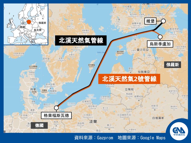 烏克蘭總統澤倫斯基22日表示,基輔當局視即將完工的北溪天然氣2號管線為「危險的地緣政治武器」。北溪天然氣管線連接德國與俄羅斯。(中央社製圖)