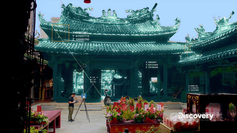 台灣專業團隊以雷射光進行全景式的3D掃描技術,作為日後鹿港天后宮的修復工程使用。(Discovery提供)中央社記者葉冠吟傳真 110年8月23日