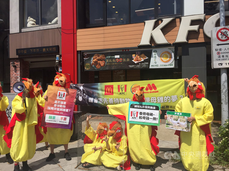 動保團體台灣動物社會研究會26日到4大速食業者門前遞送公開信，呼籲改用非籠飼雞蛋。中央社記者楊淑閔攝　110年8月26日