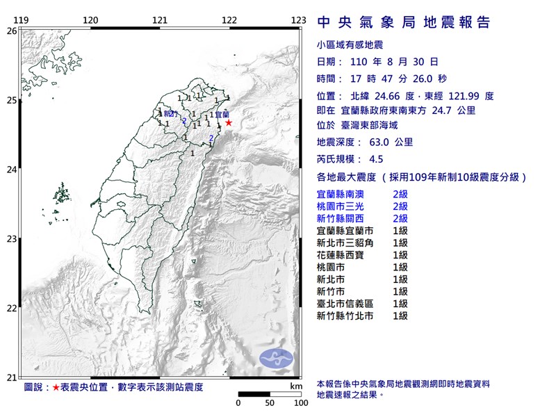 東部海域地震規模4 5 最大震度宜蘭桃園新竹2級 生活 重點新聞 中央社cna