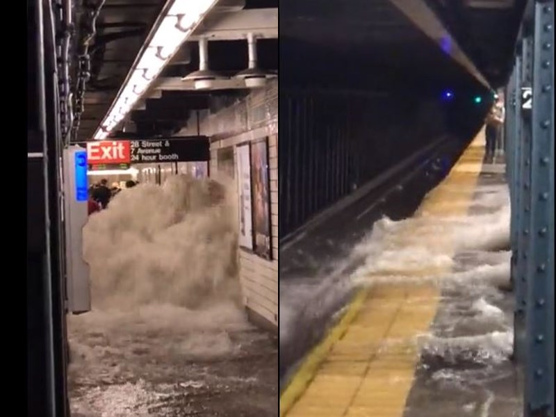颶風艾達為美國東北部帶來驚人豪雨,洪流灌入紐約地鐵。(圖取自twitter.com/DavidBegnaud)