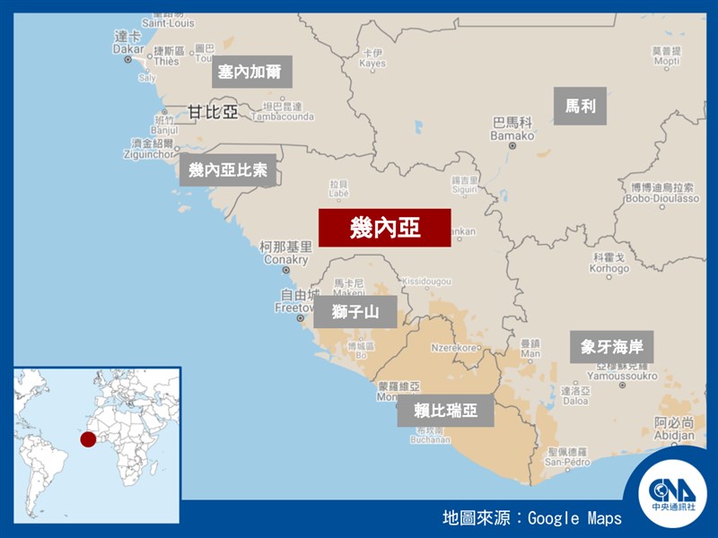 西非國家幾內亞(紅標處)疑似爆發軍事政變。(中央社製圖)