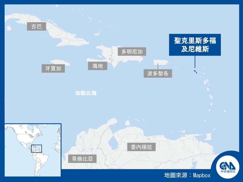 聖克里斯多福及尼維斯是中美洲的加勒比海島國,與中華民國台灣建交38年。(中央社製圖)