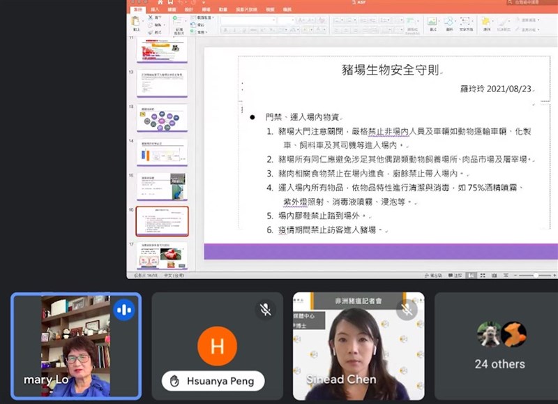 非洲豬瘟中央災害應變中心決定9月全台暫停廚餘養豬1個月。台灣科技媒體中心8日舉辦記者會,安排學者專家分享觀點,並有多家媒體關注廚餘養豬是否要終止,學者闡述其觀點。(擷取自視訊會議畫面)中央社記者楊淑閔傳真 110年9月8日