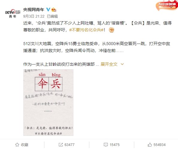 「傻逼」是常被中國網路平台封鎖的罵人粗話,部分網友因此改用「傘兵」代替,卻被中共官媒警告「傘兵不容侮辱」。(圖取自央視網青年微博網頁weibo.com)