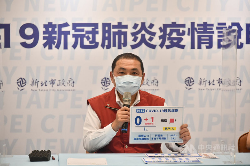 新北市長侯友宜(圖)召開疫情線上說明會指出,新北12日新增1確診案例,屬幼兒園群聚的家戶感染,案16141的爺爺案16185日前匡列居家隔離,採檢PCR陽性確診。(新北市政府提供)中央社記者王鴻國傳真 110年9月12日