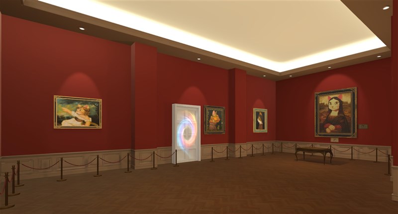宏達電(2498)以虛擬實境技術(VR)打造的Step into Cat Art「走進喵次元」線上展,「古典肖像貓」以褚紅牆面配上柔和聚光燈,沉穩的空間氛圍,讓觀展者彷彿走進殿堂級美術館中。(HTC提供)中央社記者江明晏傳真 110年9月13日
