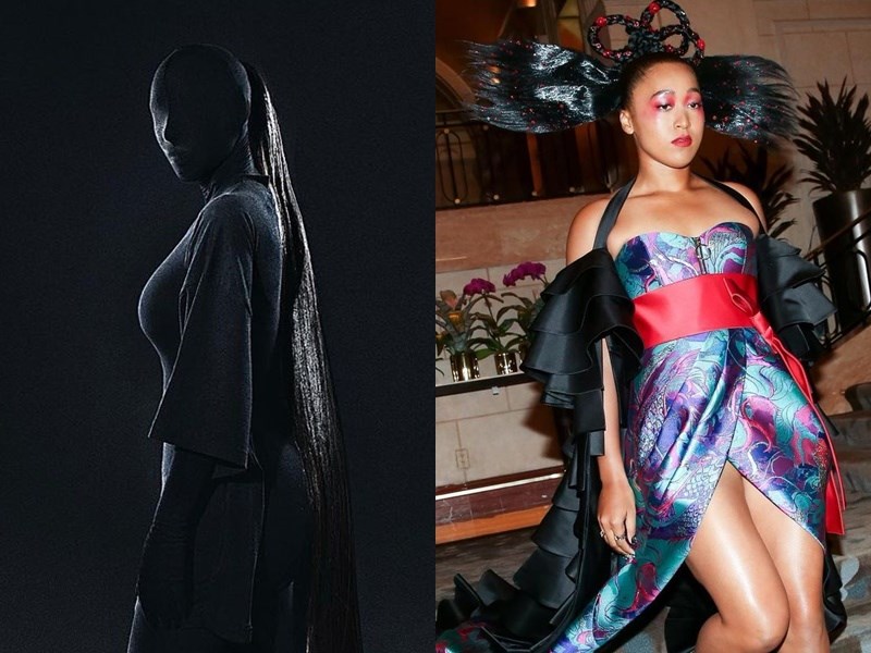 紐約大都會博物館慈善晚宴(MET Gala)登場,金卡戴珊(左)一身全黑蒙面造型現身,大坂直美(右)造型融合海地和日本元素。(左圖取自instagram.com/kimkardashian,右圖取自instagram.com/naomiosaka)