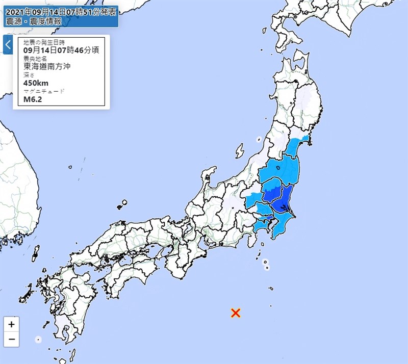 日本東海道南方外海(紅標處)14日上午發生規模6.2地震。(圖取自日本氣象廳網頁jma.go.jp)