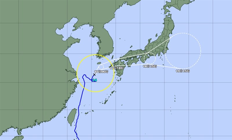颱風璨樹預料17日將接近西日本並可能登陸,對宮崎縣等地區帶來大雨。(圖取自日本氣象廳網頁jma.go.jp)