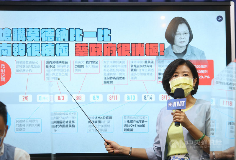 國民黨16日舉行「為300萬莫德納孤兒請命 蔡政府不該再消極」記者會,國民黨文傳會主委王育敏(圖)呼籲政府應向莫德納公司積極催貨。中央社記者謝佳璋攝 110年9月16日