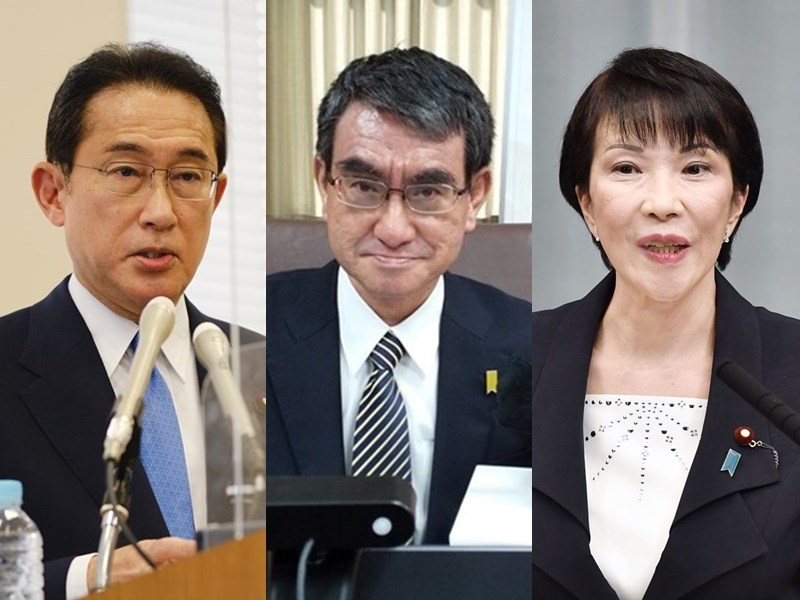日本執政黨自民黨總裁(黨主席)選舉預計17日公告、29日投開票。至今有3人表態參選,包括前自民黨政調會長岸田文雄(左起)、行政改革大臣河野太郎及前總務大臣高市早苗。(左圖右圖為共同社、中圖取自twitter.com/konotarogomame)