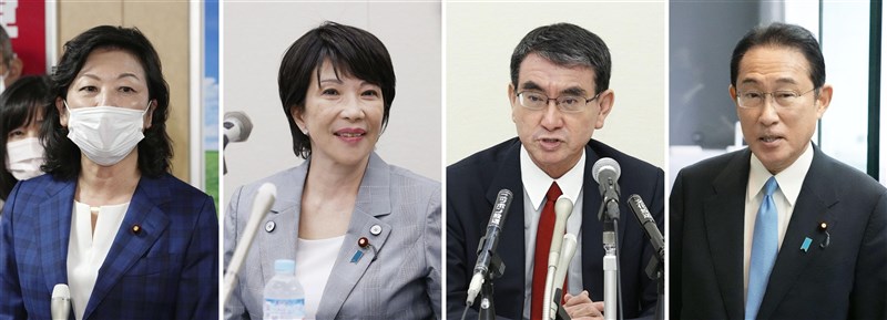 自民黨總裁選戰起跑,野田聖子(左起)、高市早苗、河野太郎及岸田文雄參選。4位候選人24日表示,支持台灣申請加入CPTPP。(共同社)