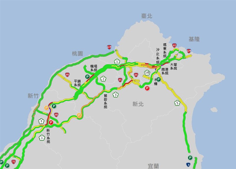 西部國道路網17日下午逐漸出現大量車流,北部國道晚間湧入下班及返鄉車流。(圖取自高速公路1968網頁1968.freeway.gov.tw)