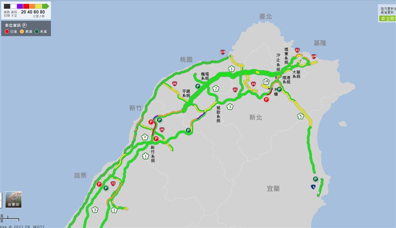 中秋連假第一天,國道即時路況顯示部分路段紫爆。(圖取自國道即時路況網頁1968.freeway.gov.tw)